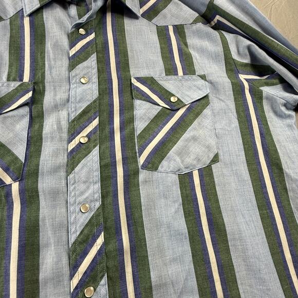 Vintage Wrangler Western Pearl Snap Shirt Mens XLT Tall Vertical Striped Green - Picture 11 of 14